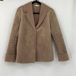 Solitaire Tan Long Sleeve Notch Lapel Faux Suede Sherpa Lined Coat Size Small